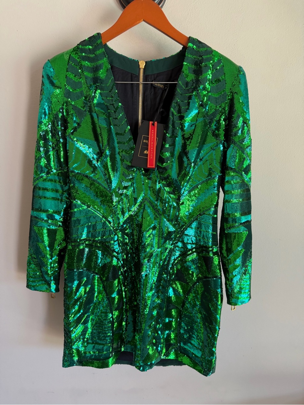 NWT Balmain x H&M Green Sequin Long Sleeve Mini Dress Size 12 RARE